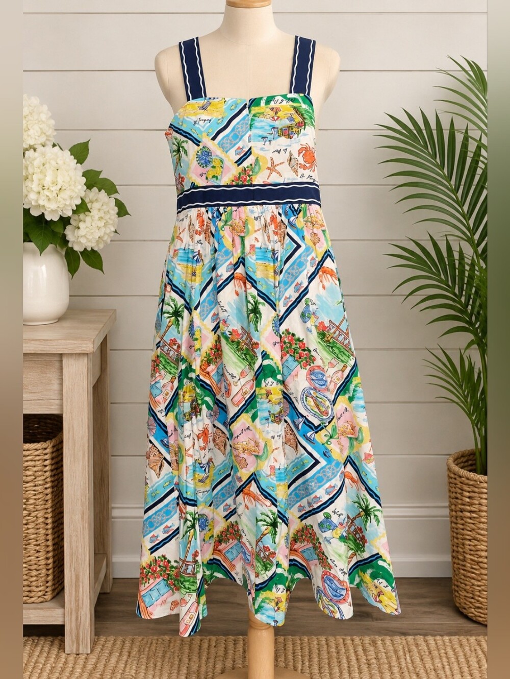 🌴 Talbots Petite 10 Coastal Print Cotton Midi Dress - Picture 2 of 7